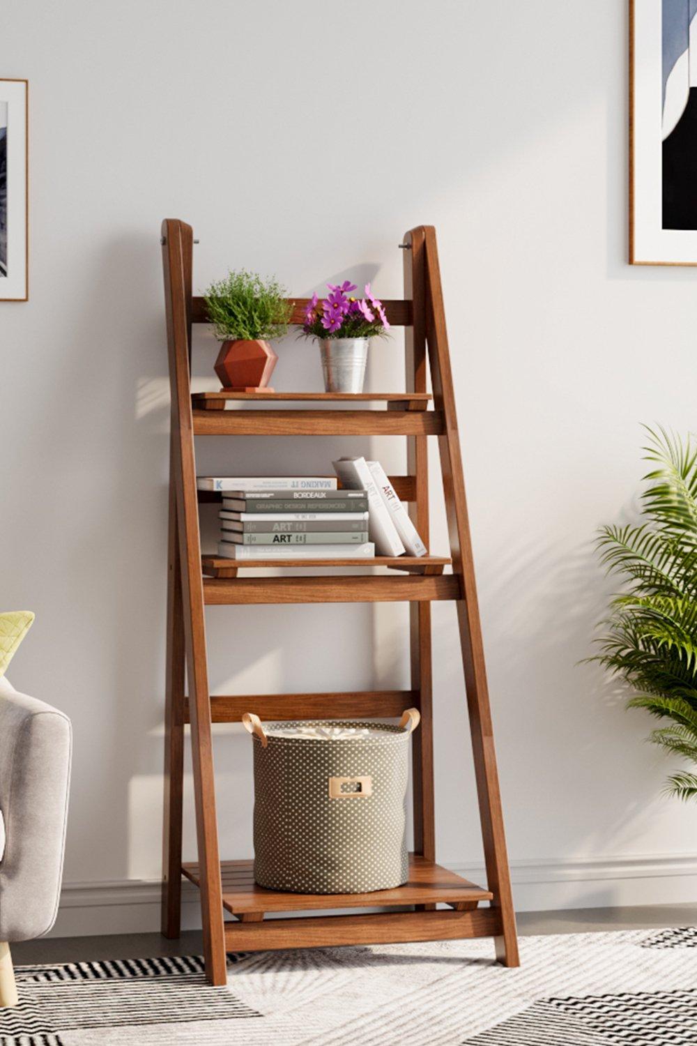 3 Layer Rustic Wooden Foldable Ladder Shelf for Plants Brown